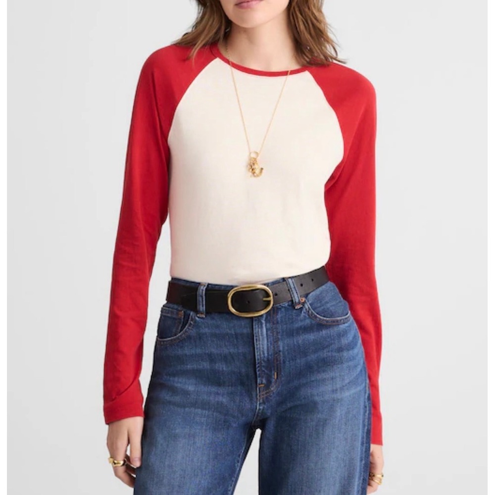 Madewell Womens Red Cream Baseball Long Sleeve Vintage Jersey Tee XS NWOT